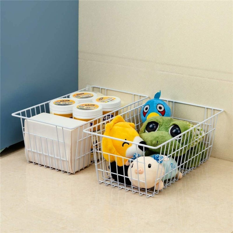 Slideep Freezer Baskets Farmhouse Organizer Storage Basket with Handles, Food Storage Bin for Kitchen Cabinets, Pantry, Closet, Bedroom, Bathroom, Office, 2 Pack, White - Image 3